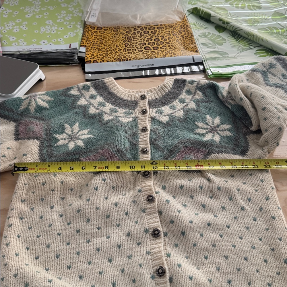 Vintage Marsh Landing Shetland Wool Heavyknit Cardigan Sweater Beige Large - Picture 12 of 15